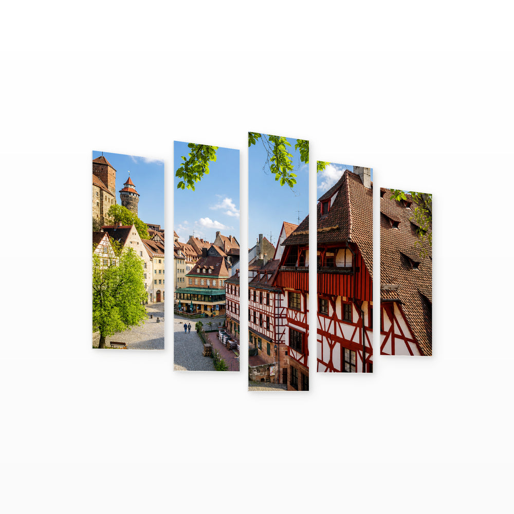 Old Town Nuremberg, Germany with Geometric Rhythm — five-panel wall art on white background in perspective | 5wallart 53616 M1