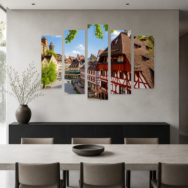 Old Town Nuremberg, Germany with Geometric Rhythm — five-panel wall art in frontal interior | 5wallart 53616 M3