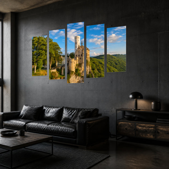 Liechtenstein Castle in Blue and Gold — five-panel wall art in perspective interior | 5wallart 53620 M2