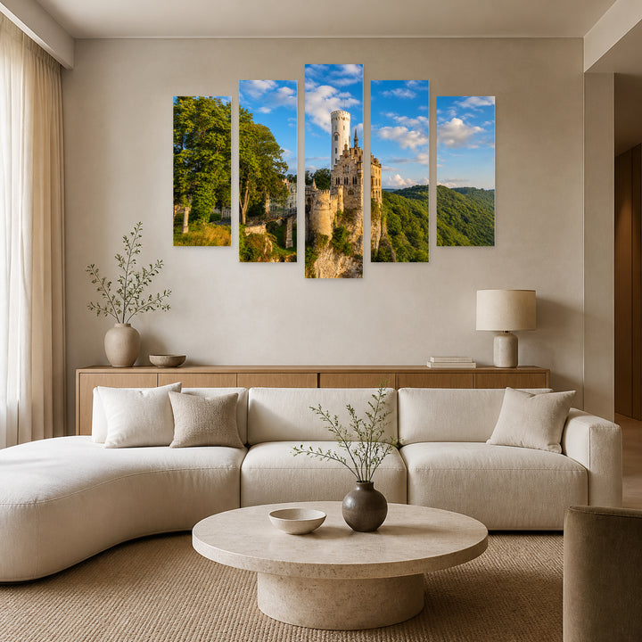 Liechtenstein Castle in Blue and Gold — five-panel wall art in alternate frontal interior | 5wallart 53620 M4