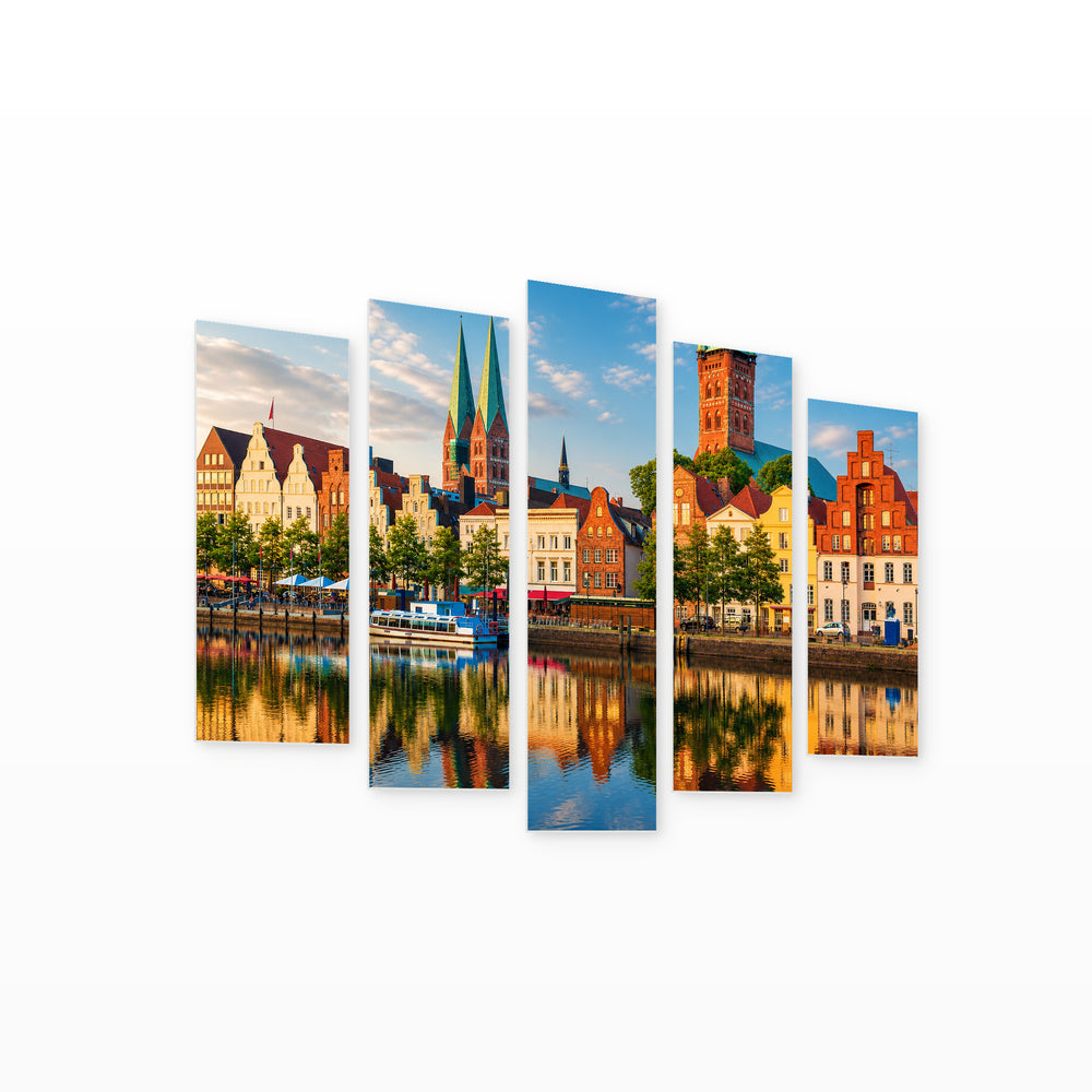 Lübeck, Germany in Serene Light — five-panel wall art on white background in perspective | 5wallart 53634 M1