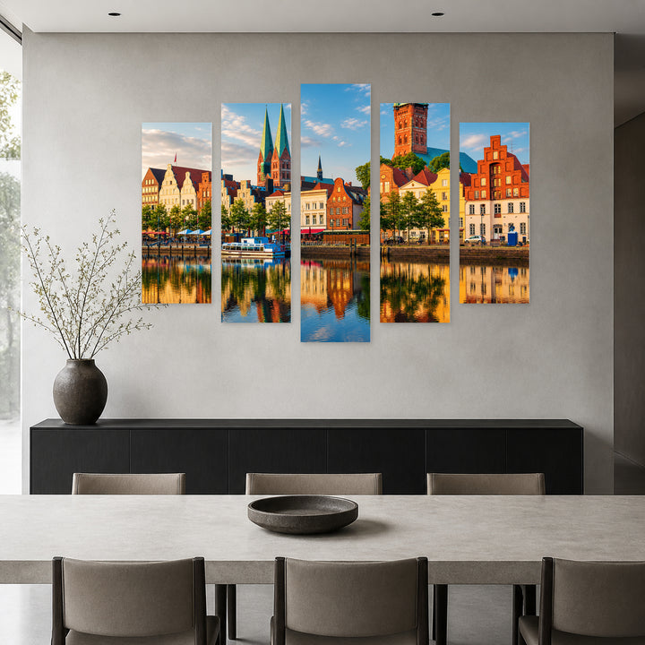 Lübeck, Germany in Serene Light — five-panel wall art in frontal interior | 5wallart 53634 M3