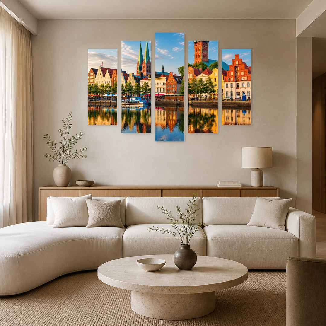 Lübeck, Germany in Serene Light — five-panel wall art in alternate frontal interior | 5wallart 53634 M4