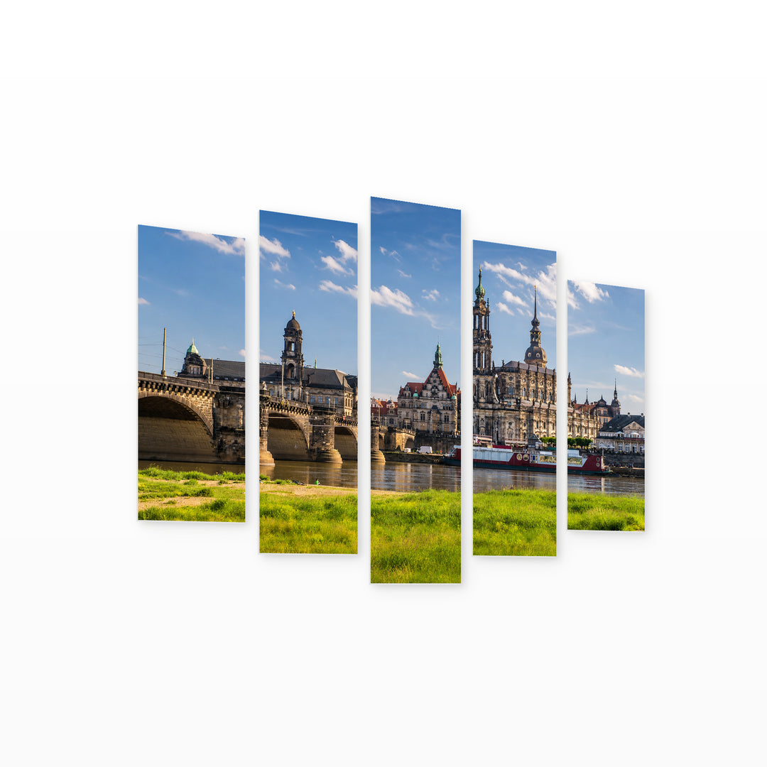 Ancient City Dresden, Germany in Serene Light — five-panel wall art on white background in perspective | 5wallart 53638 M1