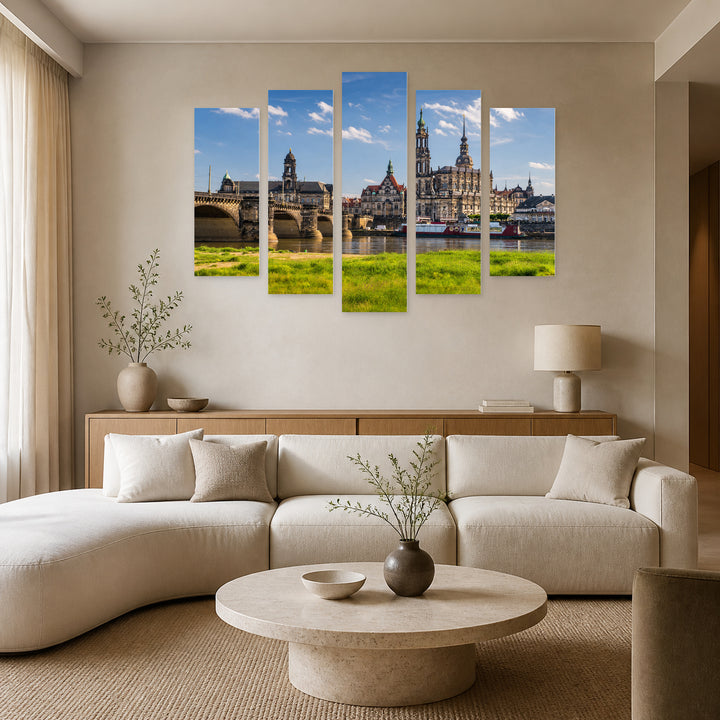 Ancient City Dresden, Germany in Serene Light — five-panel wall art in alternate frontal interior | 5wallart 53638 M4