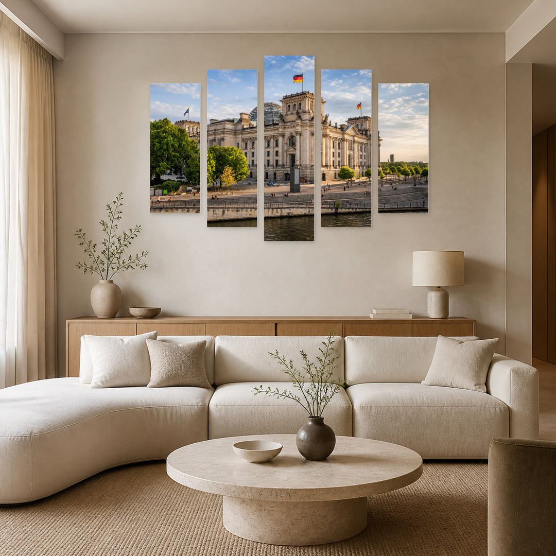 Government in Berlin with Geometric Rhythm — five-panel wall art in alternate frontal interior | 5wallart 53640 M4