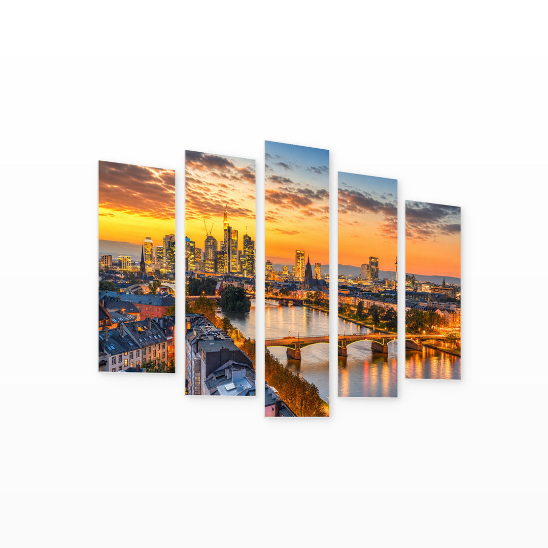 Frankfurt and Main River at Golden Sunset — five-panel wall art on white background in perspective | 5wallart 53642 M1
