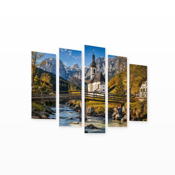 Church of Saint Sebastian in Serene Light — five-panel wall art on white background in perspective | 5wallart 53648 M1