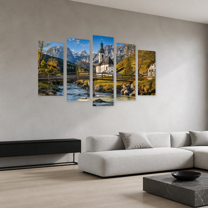 Church of Saint Sebastian in Serene Light — five-panel wall art in perspective interior | 5wallart 53648 M2