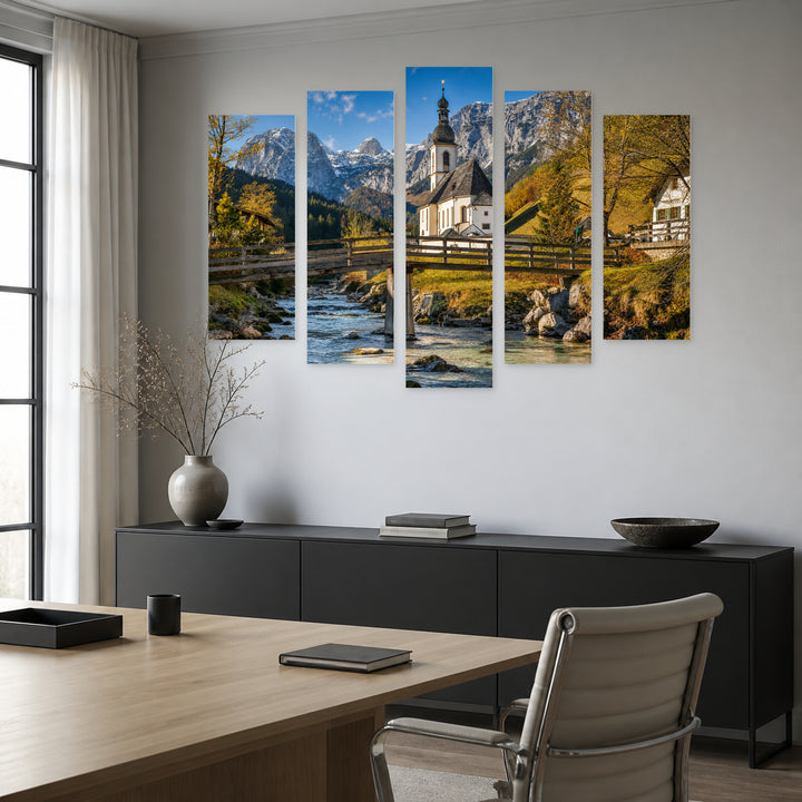 Church of Saint Sebastian in Serene Light — five-panel wall art in frontal interior | 5wallart 53648 M3