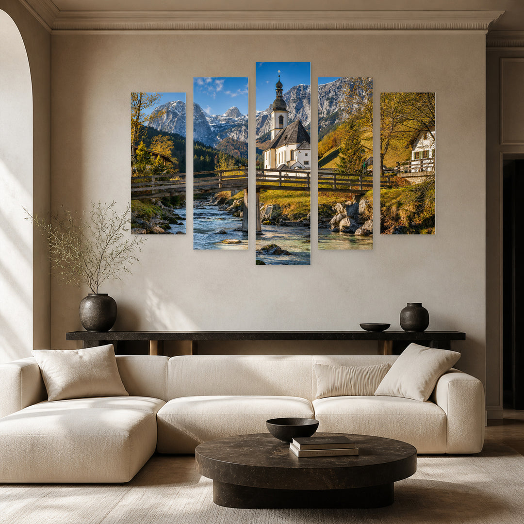 Church of Saint Sebastian in Serene Light — five-panel wall art in alternate frontal interior | 5wallart 53648 M4
