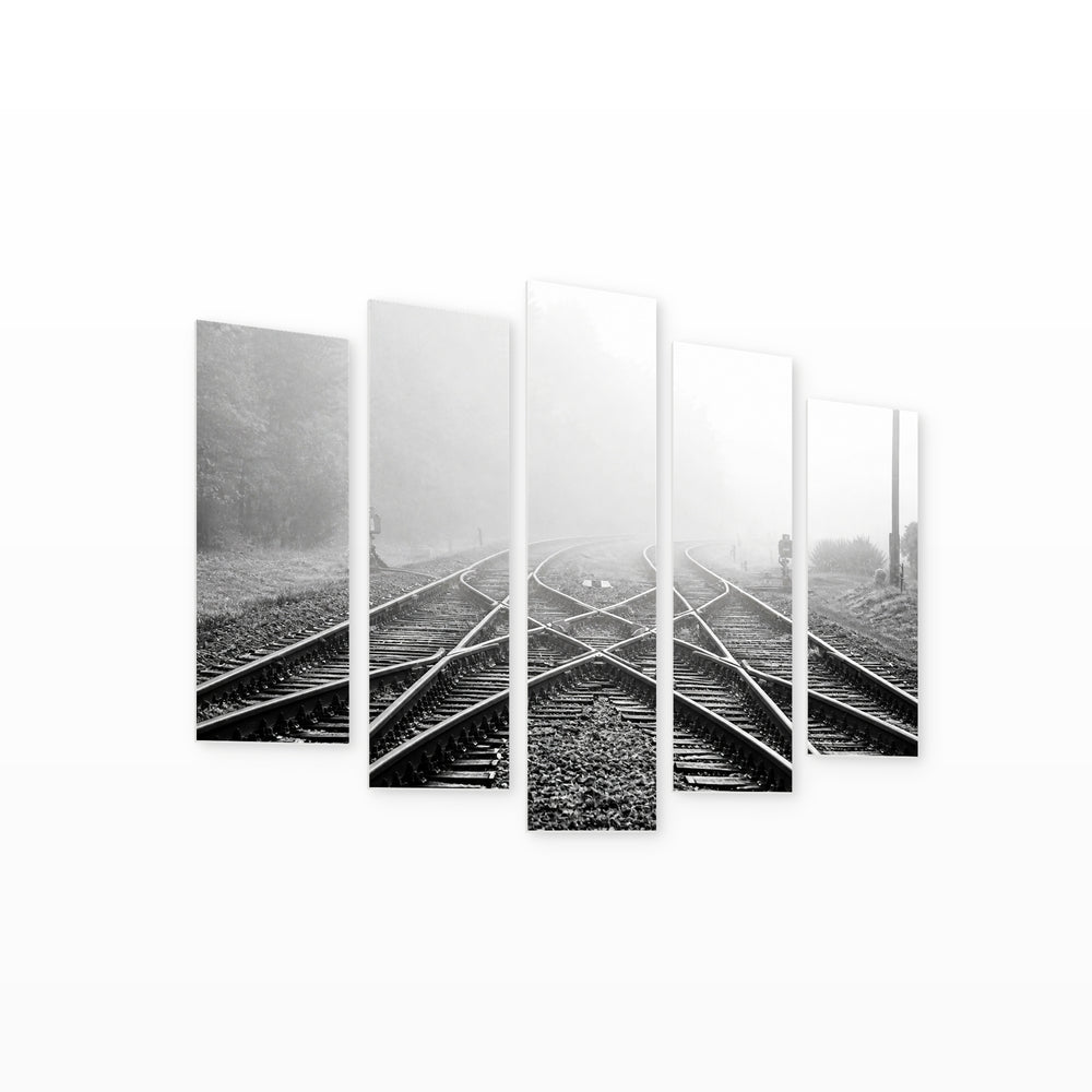 Railway Line in Fog Modern Composition — five-panel wall art on white background in perspective | 5wallart 53651 M1