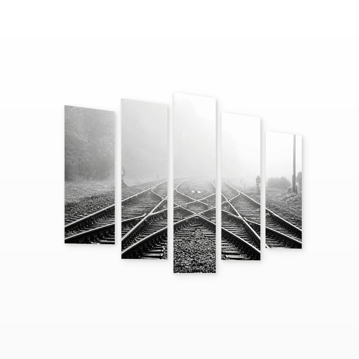 Railway Line in Fog Modern Composition — five-panel wall art on white background in perspective | 5wallart 53651 M1