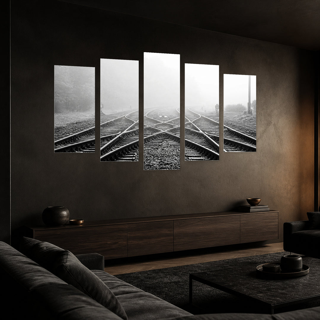 Railway Line in Fog Modern Composition — five-panel wall art in perspective interior | 5wallart 53651 M2