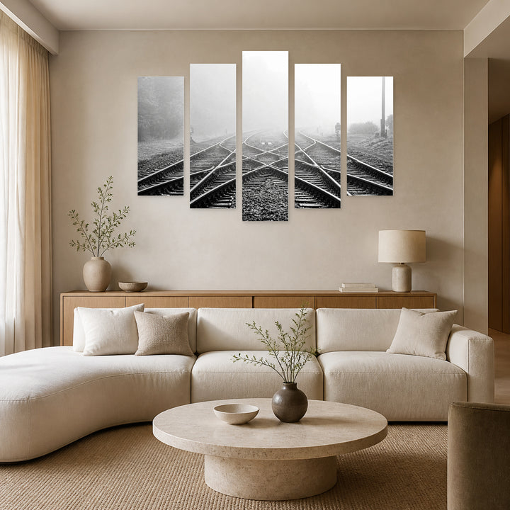 Railway Line in Fog Modern Composition — five-panel wall art in frontal interior | 5wallart 53651 M3
