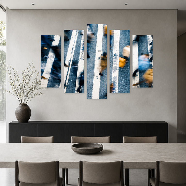 Crossing in Blue and Gold — five-panel wall art in frontal interior | 5wallart 53652 M3