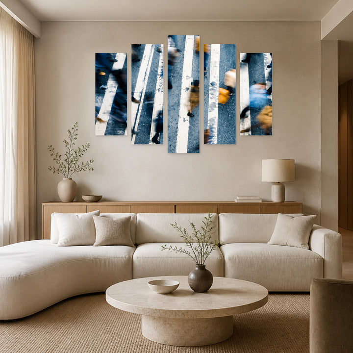 Crossing in Blue and Gold — five-panel wall art in alternate frontal interior | 5wallart 53652 M4