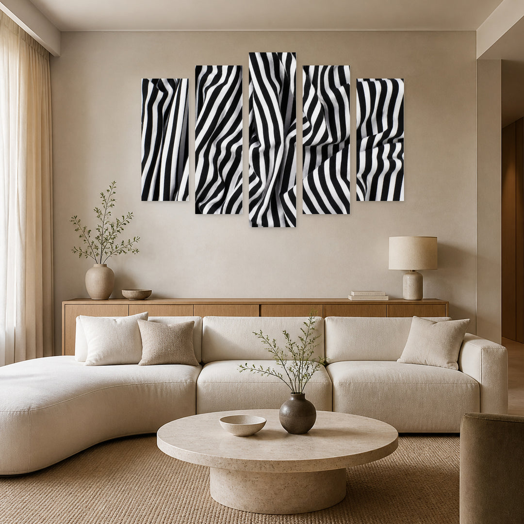Abstract Lines in Serene Light — five-panel wall art in frontal interior | 5wallart 53655 M3