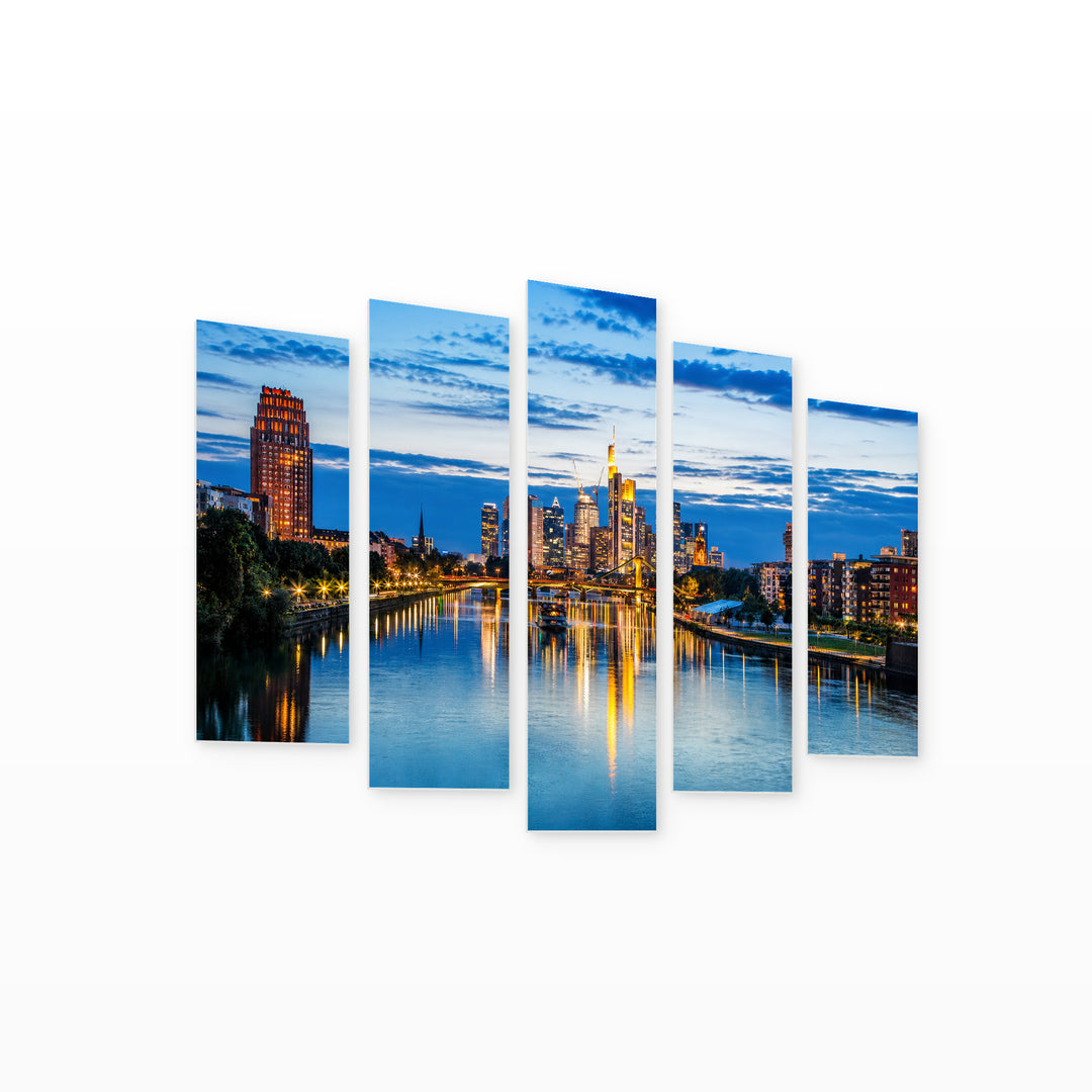 View of Frankfurt in Blue and Gold — five-panel wall art on white background in perspective | 5wallart 53658 M1