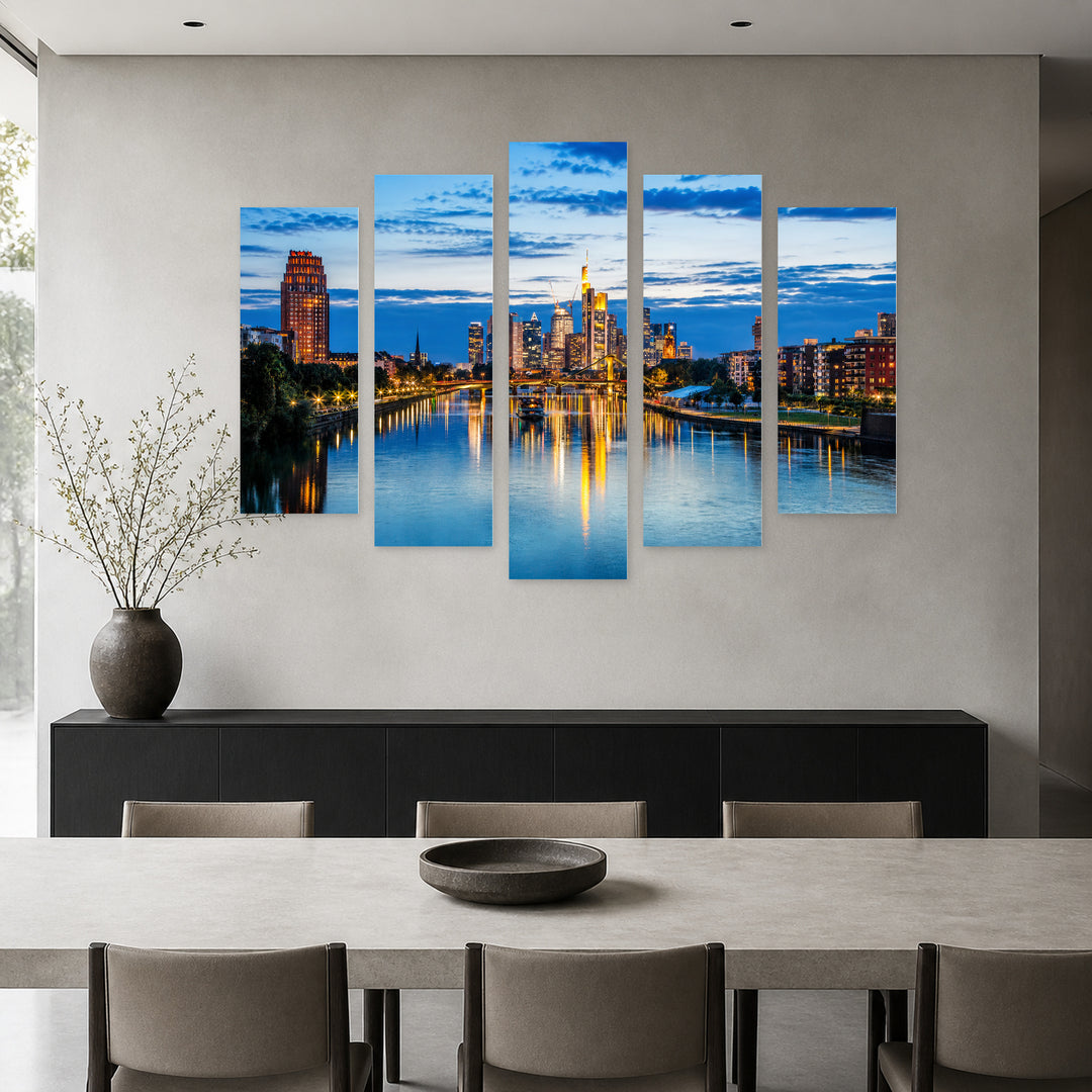 View of Frankfurt in Blue and Gold — five-panel wall art in frontal interior | 5wallart 53658 M3