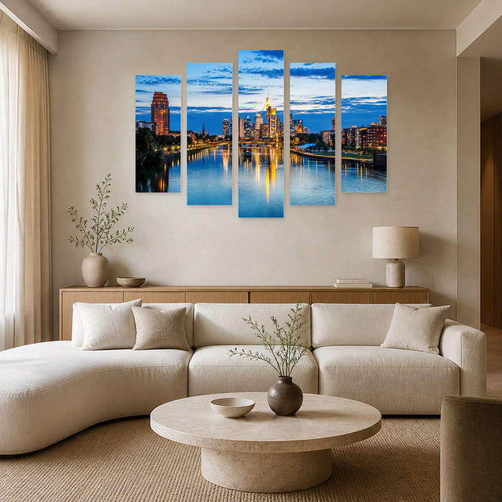 View of Frankfurt in Blue and Gold — five-panel wall art in alternate frontal interior | 5wallart 53658 M4