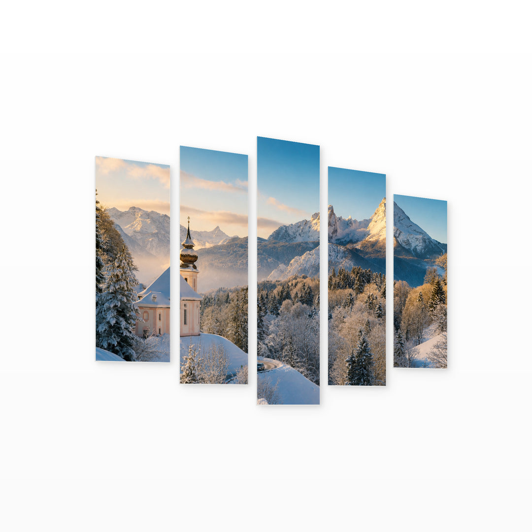 Summit of Watzmann in Blue and Gold — five-panel wall art on white background in perspective | 5wallart 53659 M1