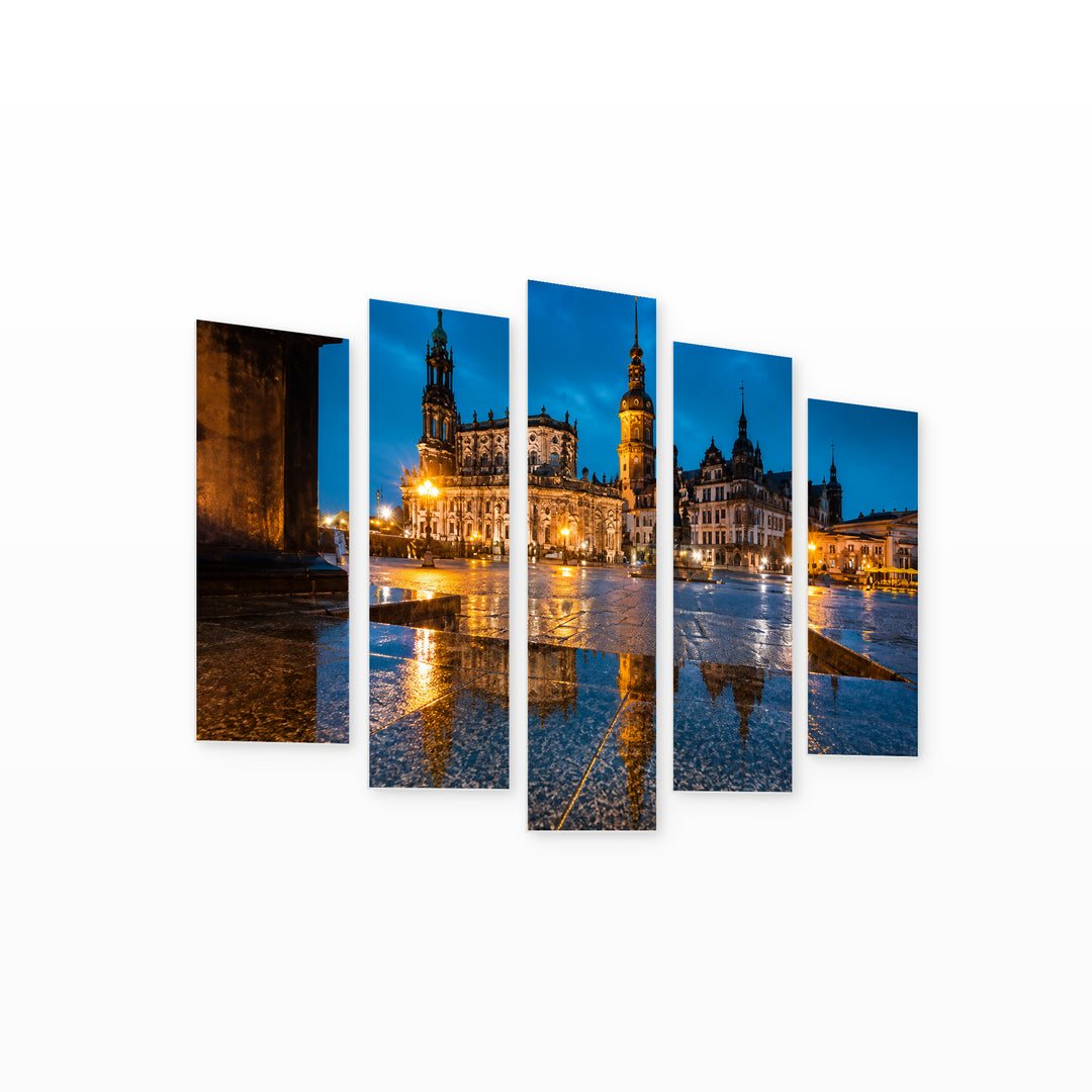 Twilight in the City of Dresden at Night — five-panel wall art on white background in perspective | 5wallart 53663 M1