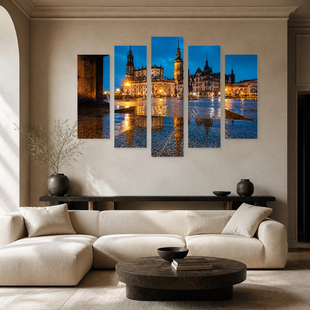 Twilight in the City of Dresden at Night — five-panel wall art in frontal interior | 5wallart 53663 M3
