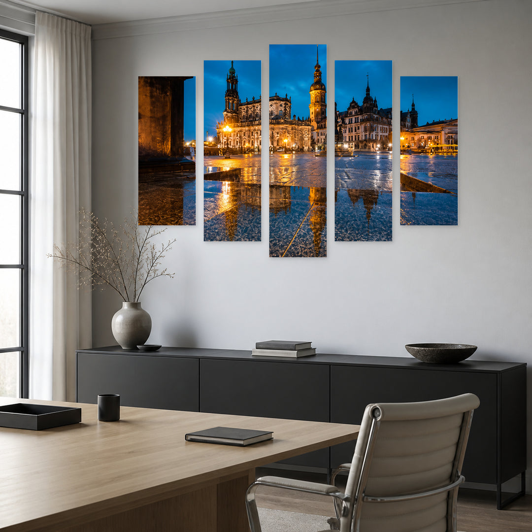 Twilight in the City of Dresden at Night — five-panel wall art in alternate frontal interior | 5wallart 53663 M4