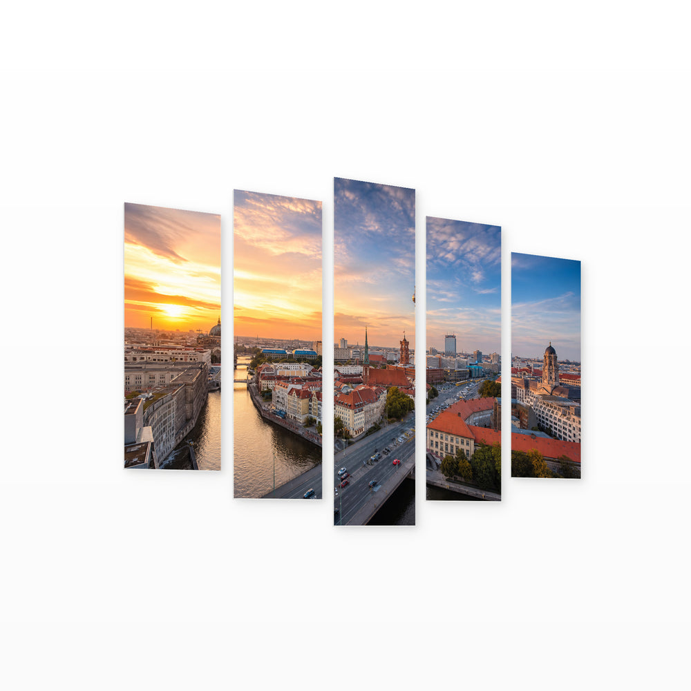 Sunset in Berlin with Dreamlike Atmosphere — five-panel wall art on white background in perspective | 5wallart 53667 M1