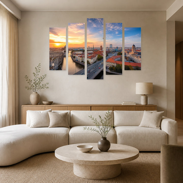 Sunset in Berlin with Dreamlike Atmosphere — five-panel wall art in frontal interior | 5wallart 53667 M3