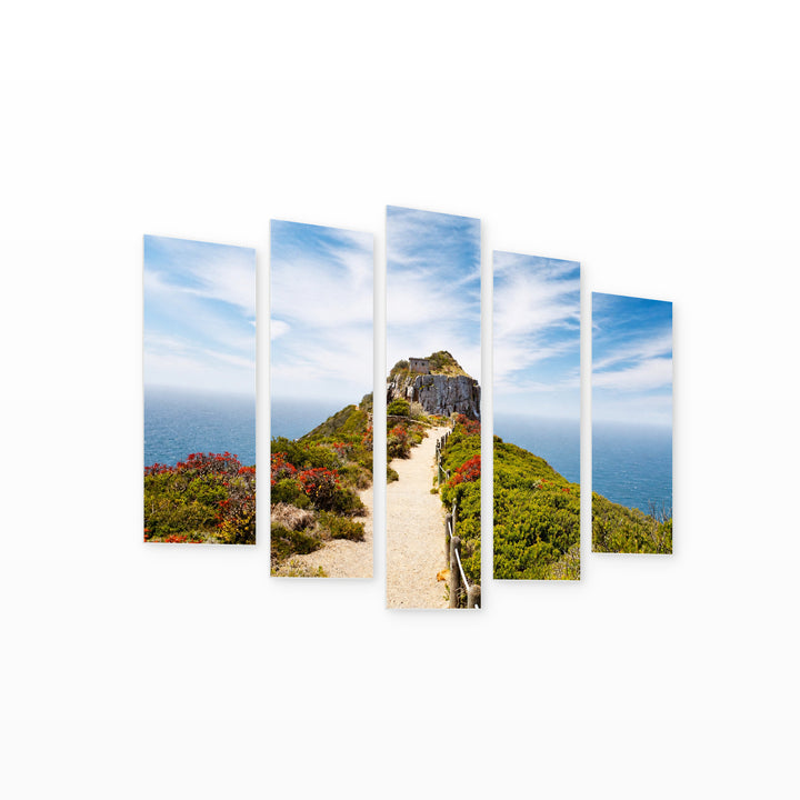 Rock and Sea in Serene Light — five-panel wall art on white background in perspective | 5wallart 53674 M1