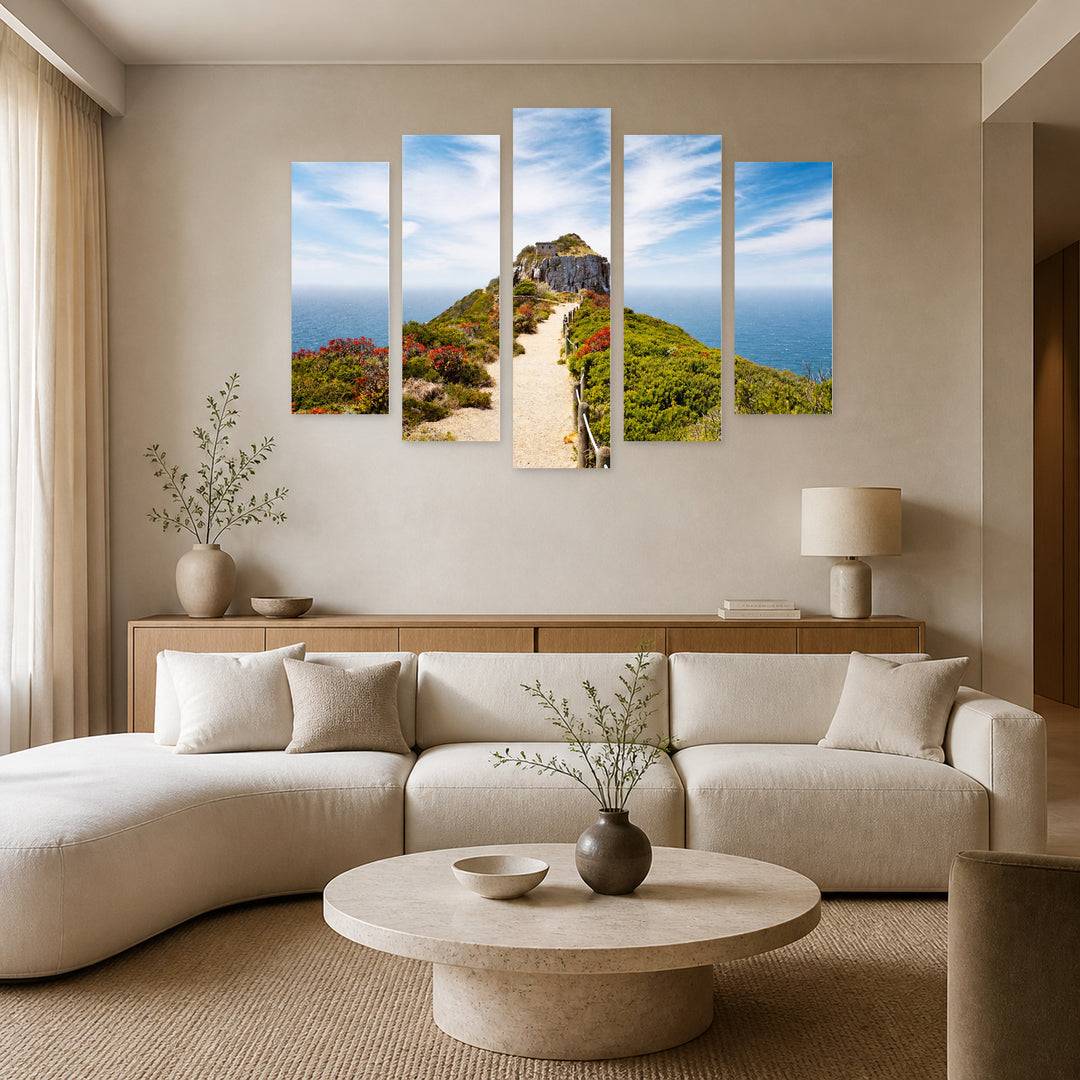 Rock and Sea in Serene Light — five-panel wall art in alternate frontal interior | 5wallart 53674 M4
