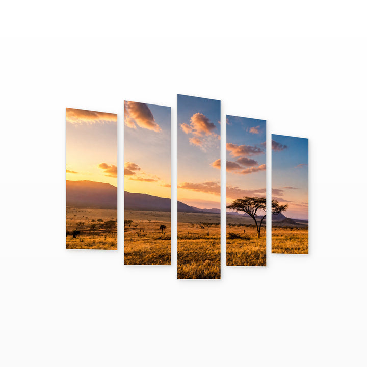 Sunset in the Savanna with Dreamlike Atmosphere — five-panel wall art on white background in perspective | 5wallart 53675 M1