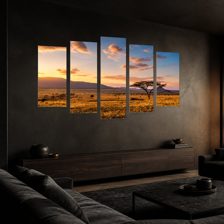 Sunset in the Savanna with Dreamlike Atmosphere — five-panel wall art in perspective interior | 5wallart 53675 M2