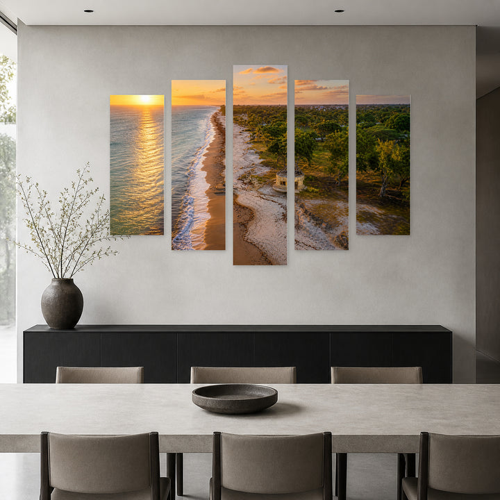 Atlantic Coast at Golden Sunset — five-panel wall art in frontal interior | 5wallart 53680 M3