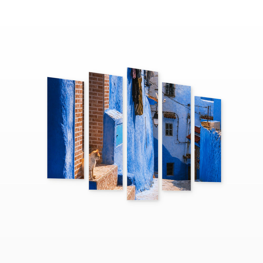 Street in the Blue City with Dreamlike Atmosphere — five-panel wall art on white background in perspective | 5wallart 53686 M1
