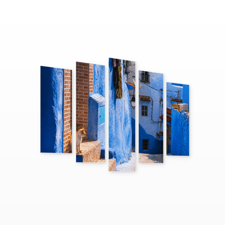 Street in the Blue City with Dreamlike Atmosphere — five-panel wall art on white background in perspective | 5wallart 53686 M1