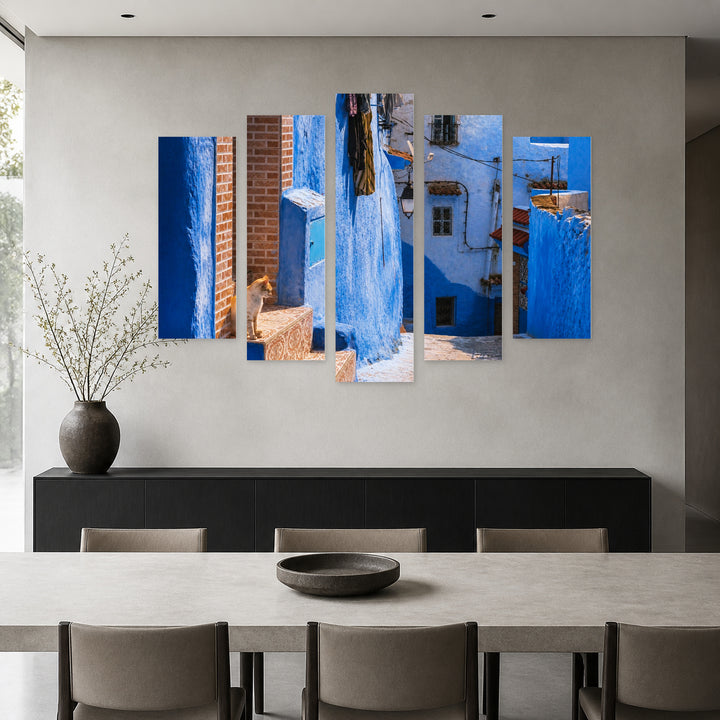Street in the Blue City with Dreamlike Atmosphere — five-panel wall art in frontal interior | 5wallart 53686 M3