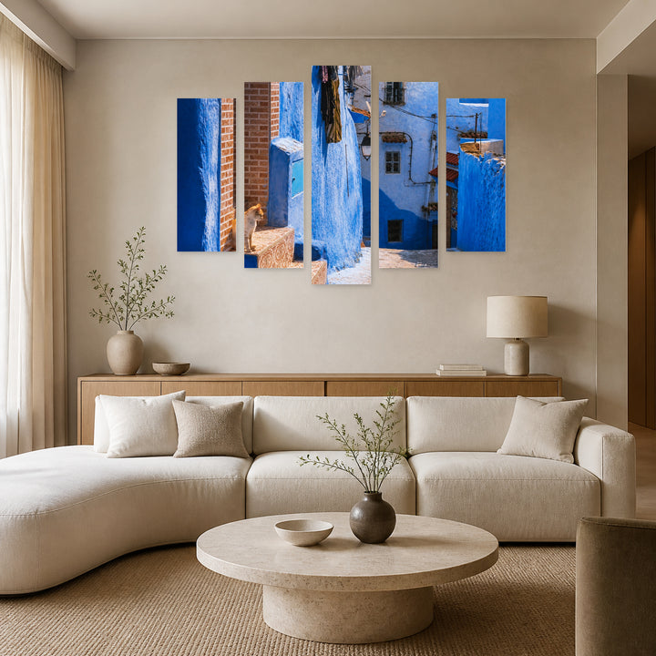 Street in the Blue City with Dreamlike Atmosphere — five-panel wall art in alternate frontal interior | 5wallart 53686 M4