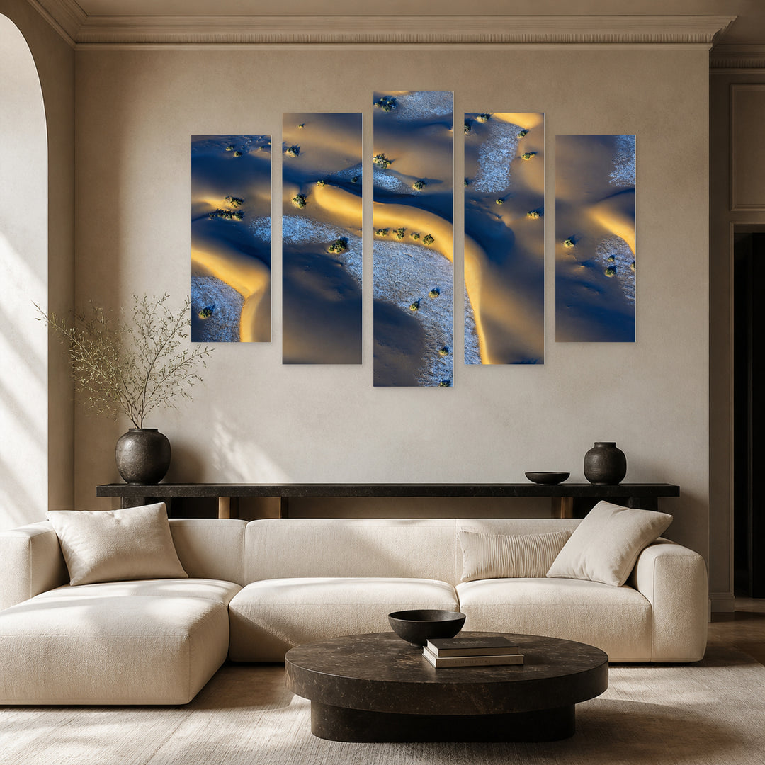 Sand Dunes in Blue and Gold — five-panel wall art in alternate frontal interior | 5wallart 53690 M4