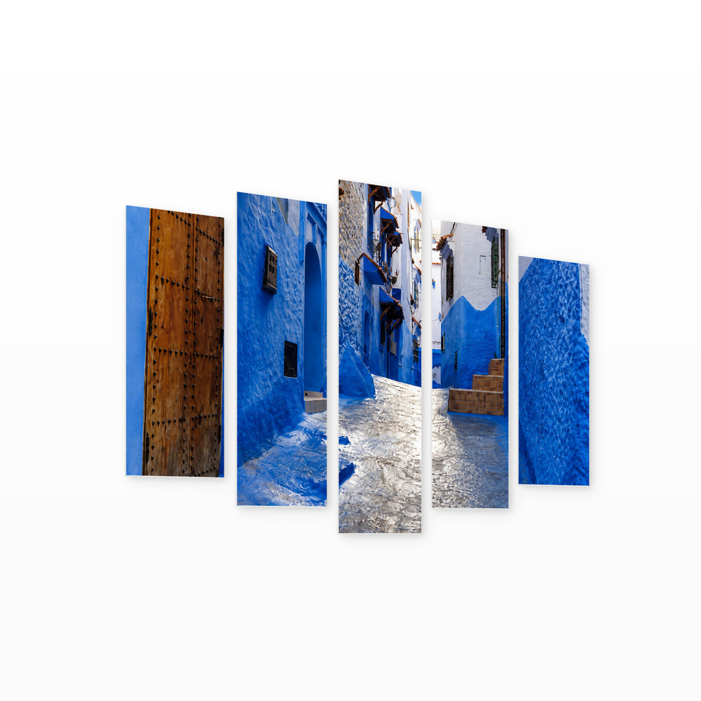 Blue City with Geometric Rhythm — five-panel wall art on white background in perspective | 5wallart 53697 M1