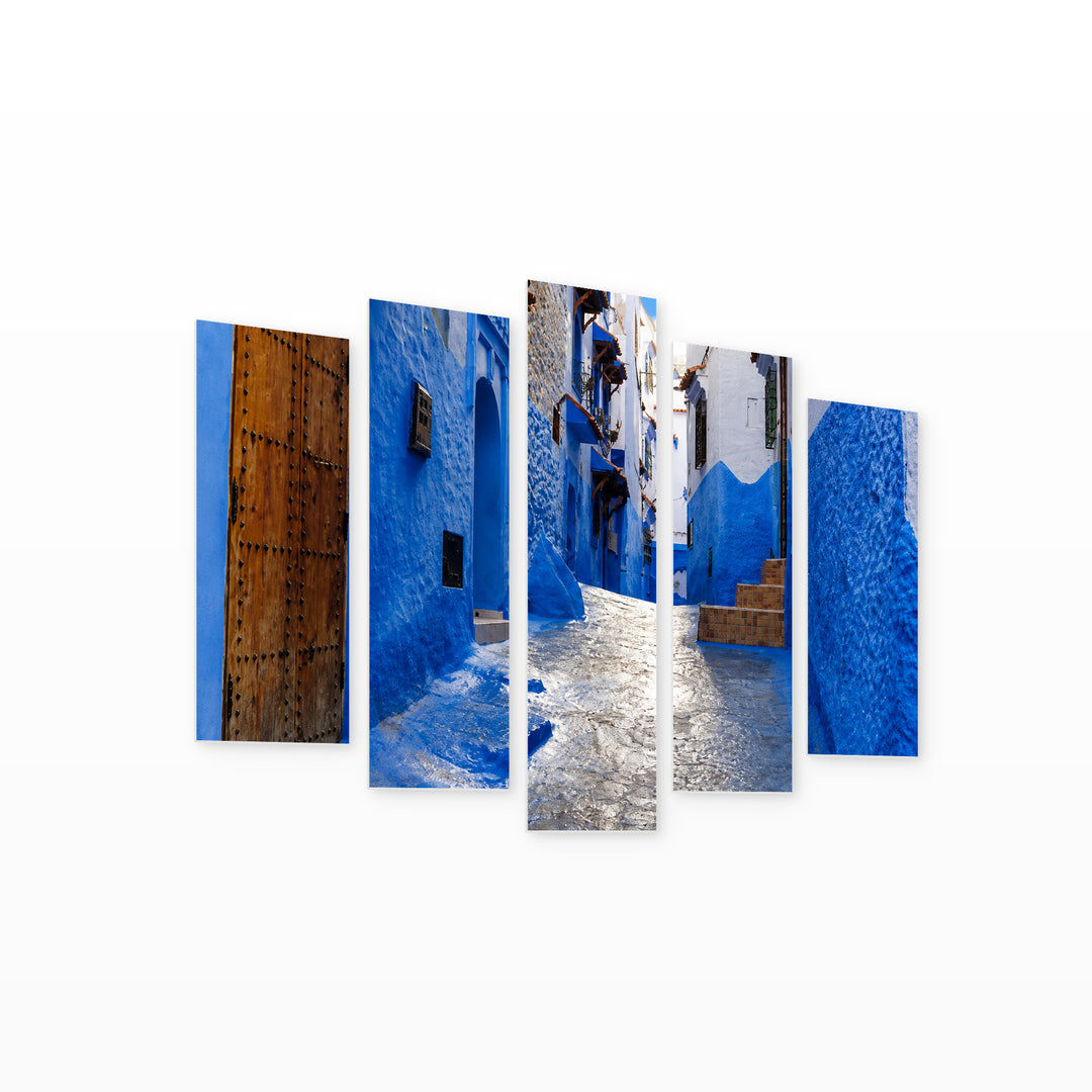 Blue City with Geometric Rhythm — five-panel wall art on white background in perspective | 5wallart 53697 M1