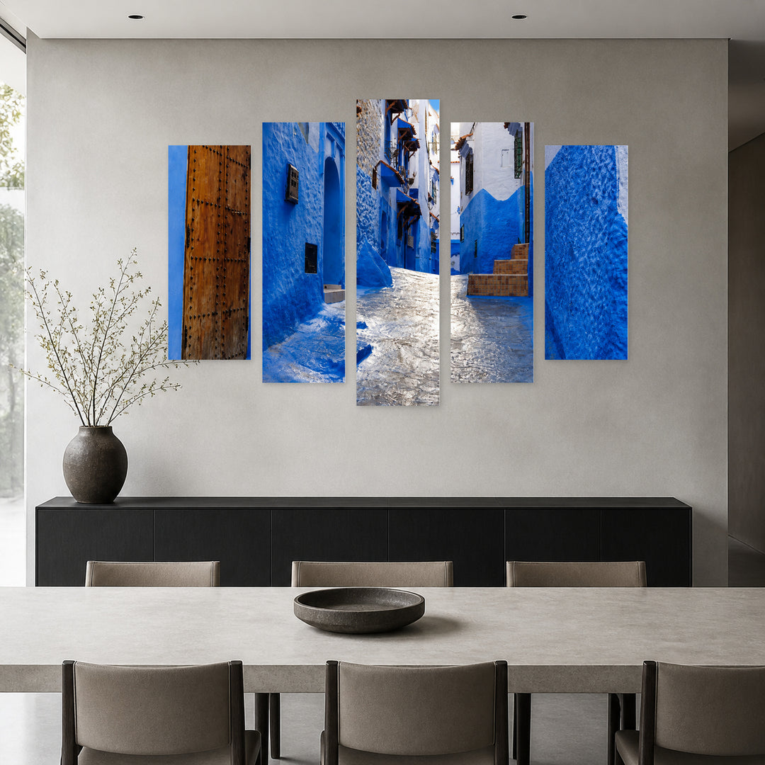 Blue City with Geometric Rhythm — five-panel wall art in alternate frontal interior | 5wallart 53697 M4
