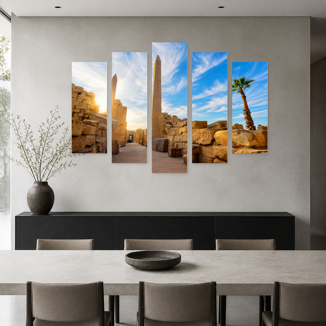 Karnak and Blue Sky with Dreamlike Atmosphere — five-panel wall art in frontal interior | 5wallart 53704 M3