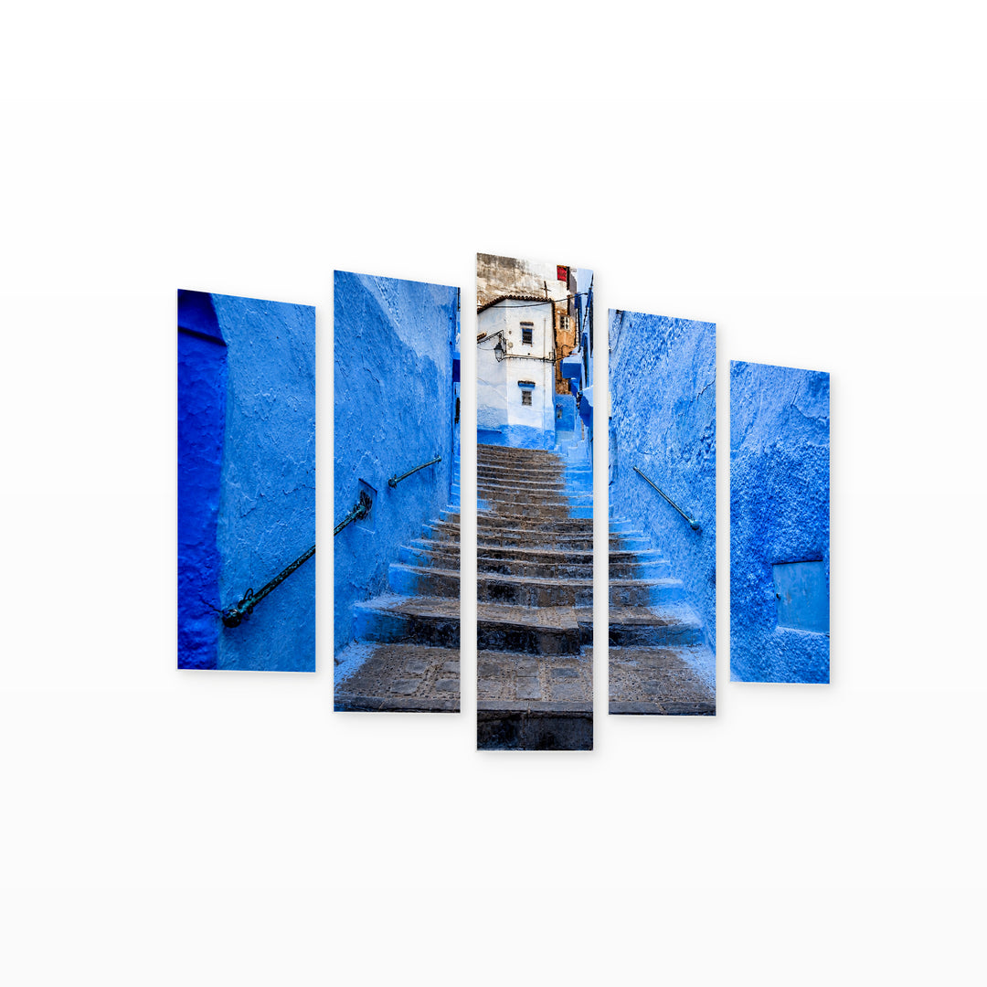 Stairs in the Blue City with Geometric Rhythm — five-panel wall art on white background in perspective | 5wallart 53719 M1