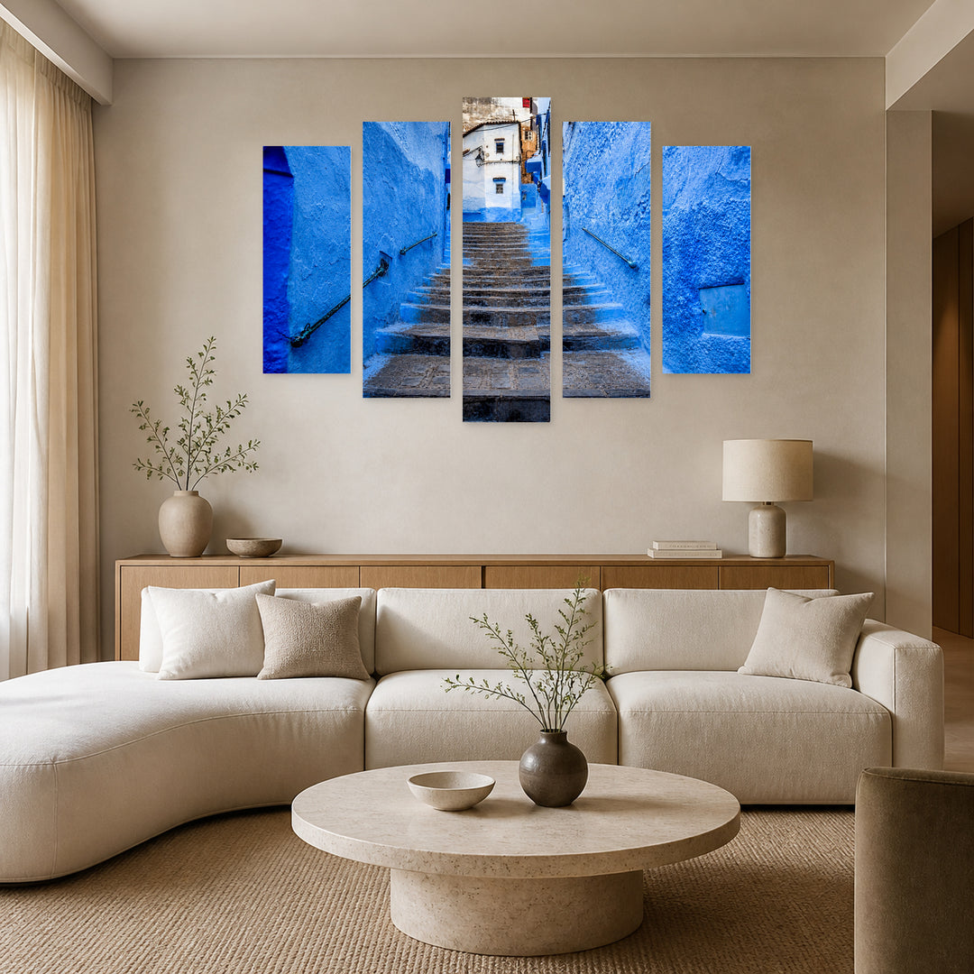 Stairs in the Blue City with Geometric Rhythm — five-panel wall art in frontal interior | 5wallart 53719 M3
