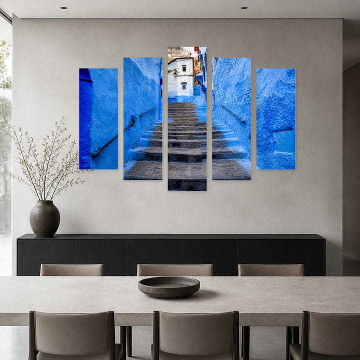 Stairs in the Blue City with Geometric Rhythm — five-panel wall art in alternate frontal interior | 5wallart 53719 M4