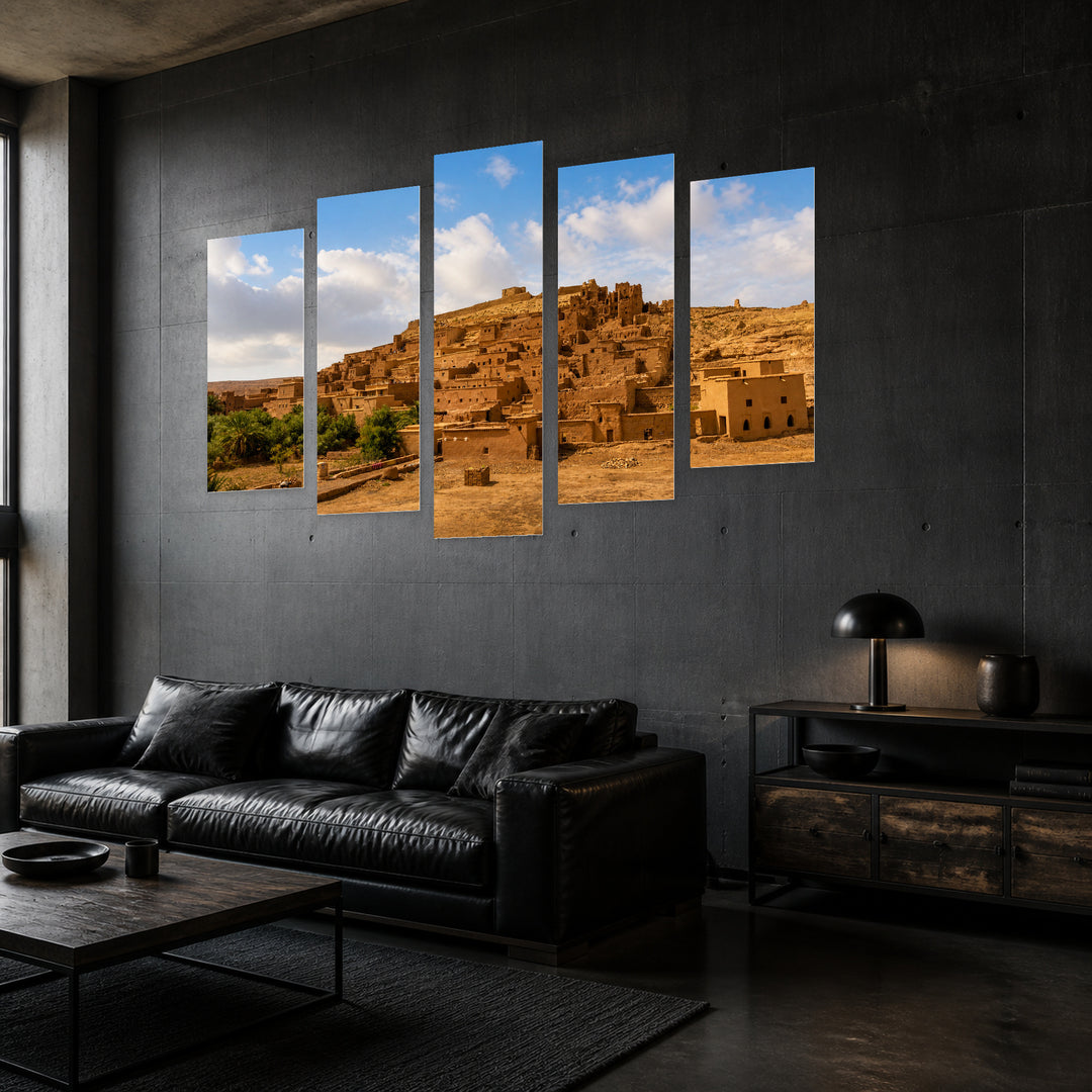 Moroccan Landscape in Serene Light — five-panel wall art in perspective interior | 5wallart 53720 M2