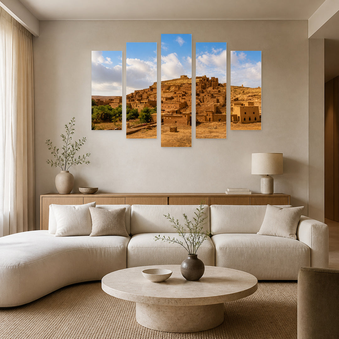 Moroccan Landscape in Serene Light — five-panel wall art in alternate frontal interior | 5wallart 53720 M4